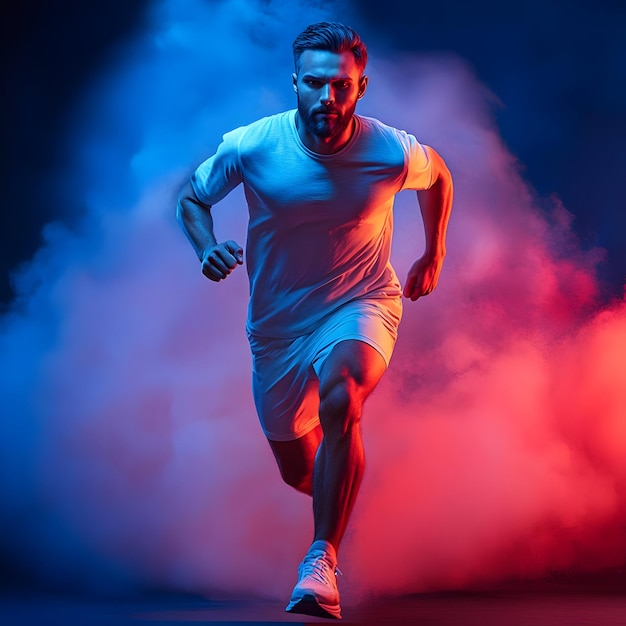 Dynamic Athlete Photo Man Running Through Colorful Smoke