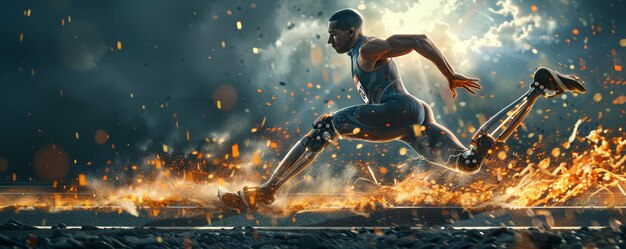 Photo dynamic athlete with prosthetic legs running through fiery sparks in a futuristic setting