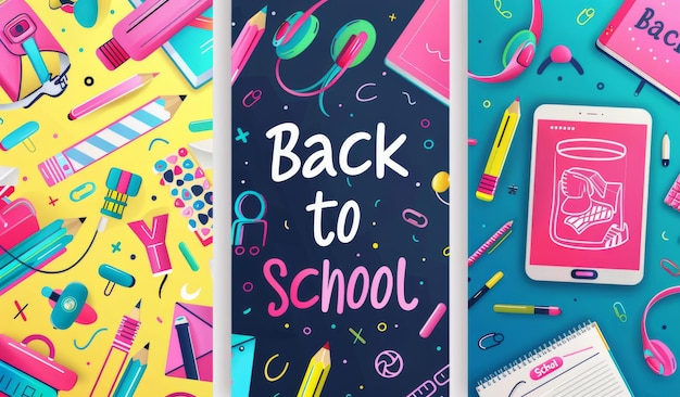 Dynamic back to school banner set with colorful illustrations of school supplies and tech