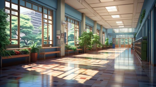 A dynamic background showing a bustling school hallway