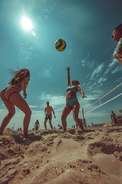 Photo dynamic beach volleyball game with friends showcasing energy and team spirit amidst sandy beach and