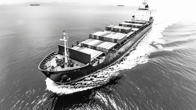 Dynamic Black and White Cargo Container Ship in Full Speed