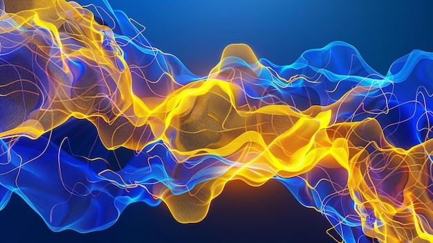 Dynamic blue neon lightning patterns against a backdrop of vibrant yellow waves isolated on a solid white background