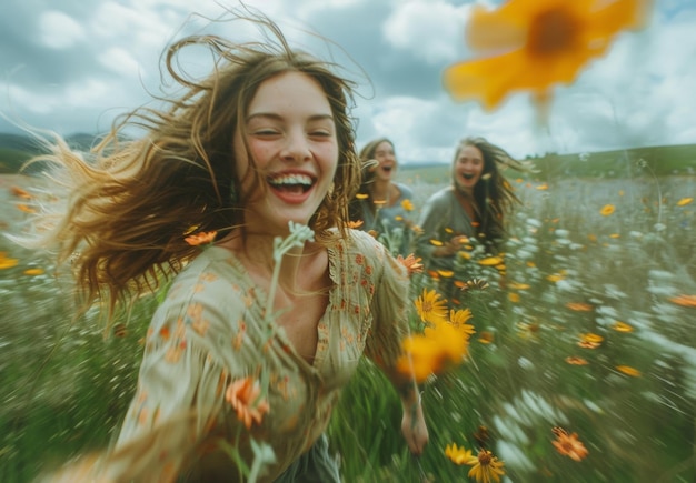 Photo a dynamic blurry motion shot of friends laughing and running through a sunlit meadow encapsulates