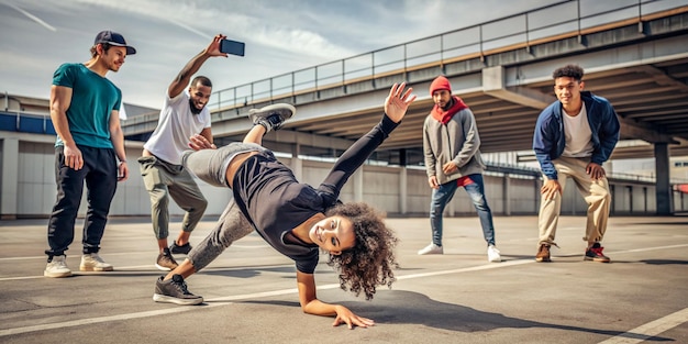 Photo dynamic breakdancing session diverse group of youth performing and recording on smartphone in urban