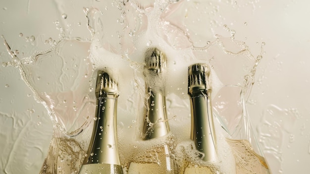 Photo a dynamic capture of three champagne bottles with foam and bubbles emphasizing a lively and celebratory mood