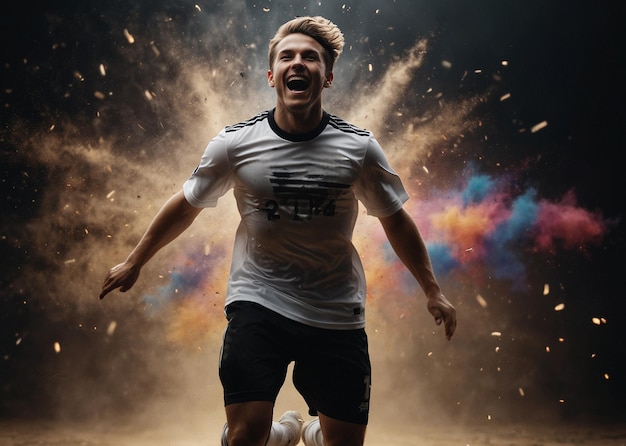 Photo dynamic celebration soccer player jumping with joy against colorful explosion on black background