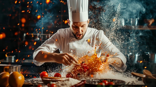 Photo dynamic chef in action vibrant and energetic cooking scene