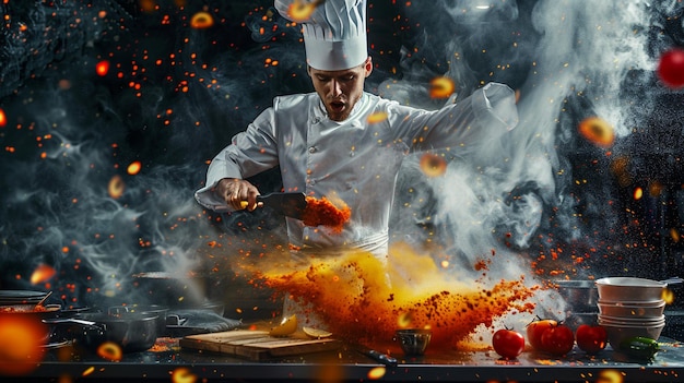 Photo dynamic chef cooking on stove energetic culinary scene