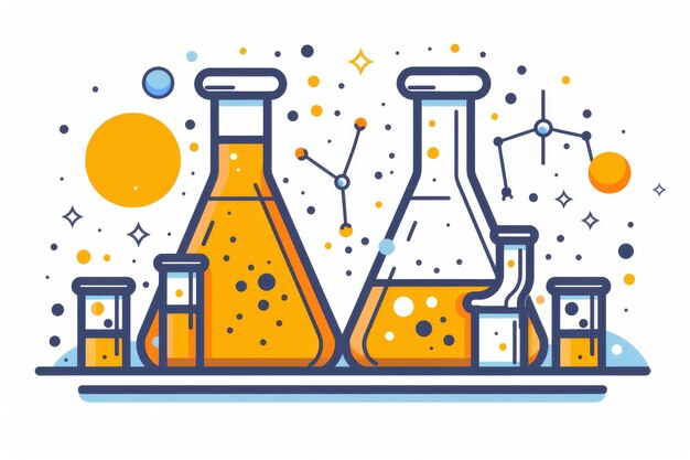 Photo dynamic chemistry laboratory illustration with multiple flasks and beakers science vector graphic