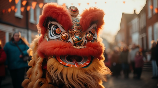 Dynamic Chinese New Year celebration vibrant lion dance amid festive crowd