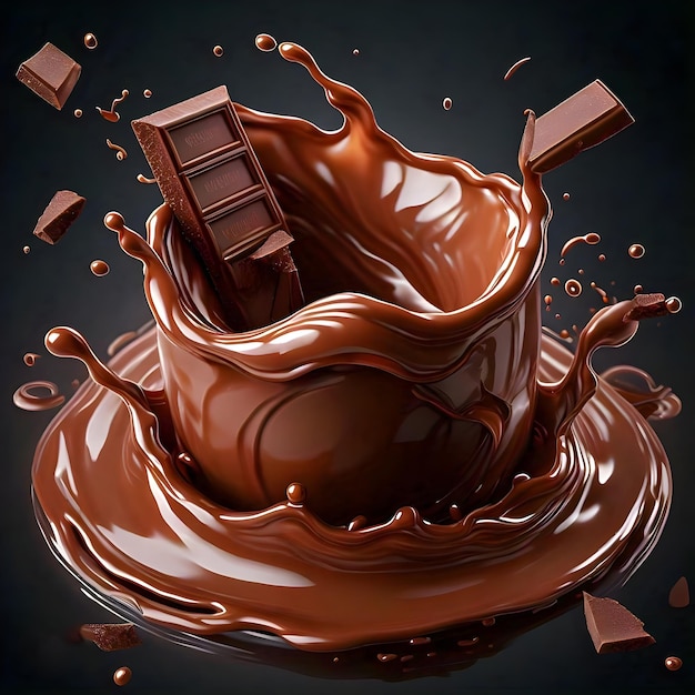 A dynamic chocolate splash with flying pieces