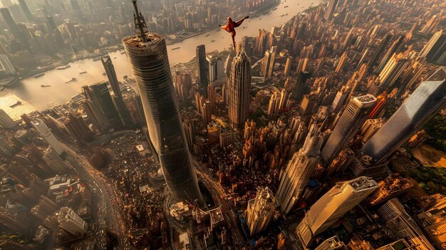 Photo a dynamic cityscape with flying superheroes