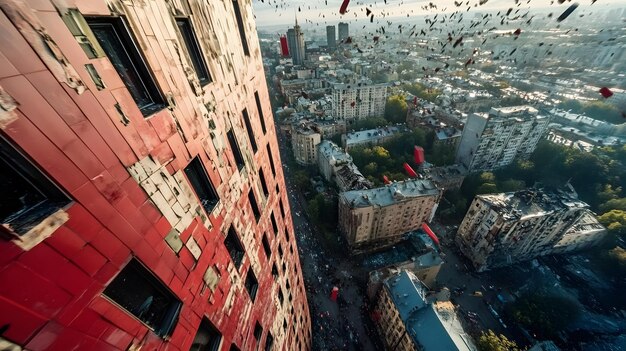 Photo a dynamic cityscape with flying superheroes