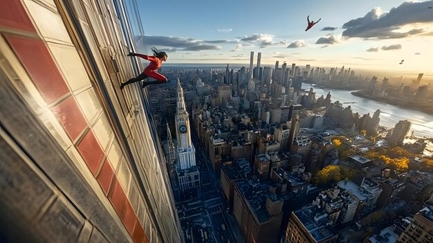 Photo a dynamic cityscape with flying superheroes