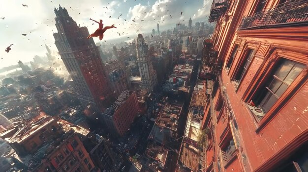 Photo a dynamic cityscape with flying superheroes