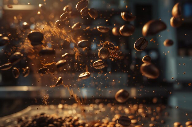 Photo dynamic closeup of floating roasted coffee beans capturing the texture aroma and magic of fresh