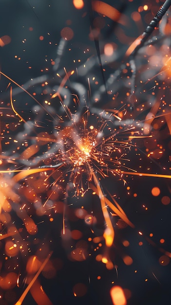 Photo dynamic closeup of glowing sparks and particles in motion creating a sense of energy and excitement against a dark background