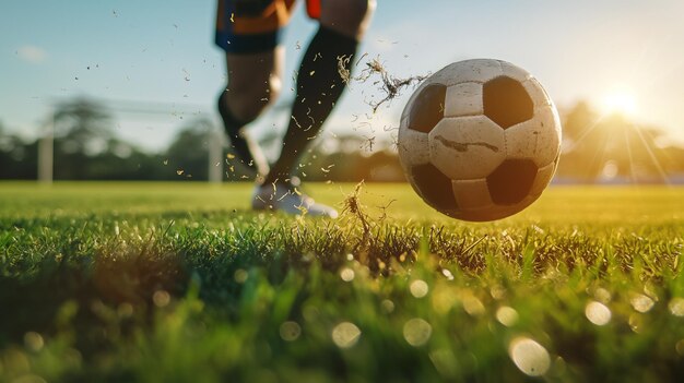 Dynamic closeup of a soccer ball being kicked on a grassy field with dirt flying and sunlight in the