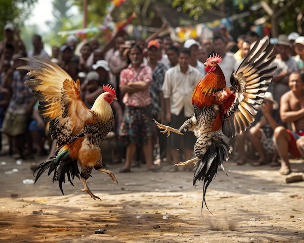 A dynamic cockfight with roosters engaged in battle while surrounded by an attentive crowd in a tropical village setting