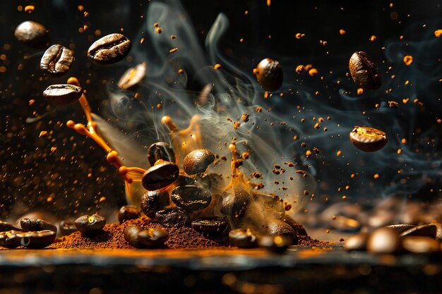 Photo dynamic coffee beans in motion with dark roast aesthetics and rich aroma capturing the essence