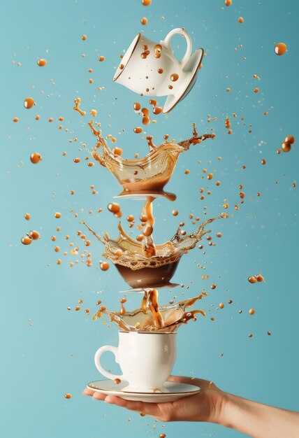 Photo dynamic coffee splash with multiple teacups in midair demonstrating motion and chaos