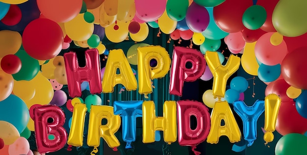 A dynamic collage of colorful balloons in different shapes and sizes with Happy Birthday