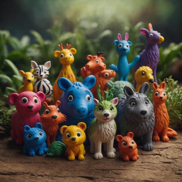 Photo a dynamic collection of plasticine animals featuring both familiar farm friends and exotic wildlife in a colorful scene