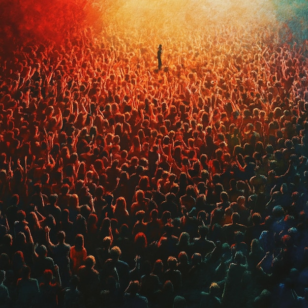 Dynamic Colorful Concert Crowd Cheering in Front of Red Light