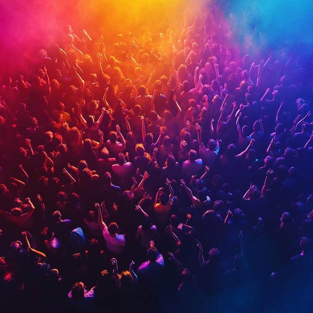 Dynamic and Colorful Concert Crowd Cheering Under Rainbow Light