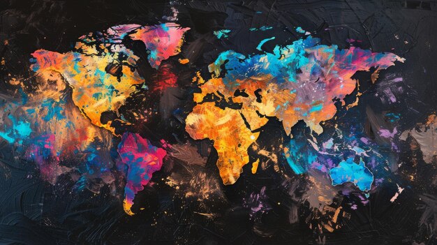 A dynamic colorful world map painted on a dark canvas with each continent depicted in bright contrasting colors resembling an explosion of creativity