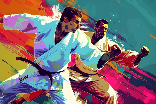 Photo dynamic comic book style illustration of olympic judo champions in action poses with vibrant colors