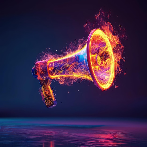 Dynamic Communication Glowing Megaphone with Fiery Energy