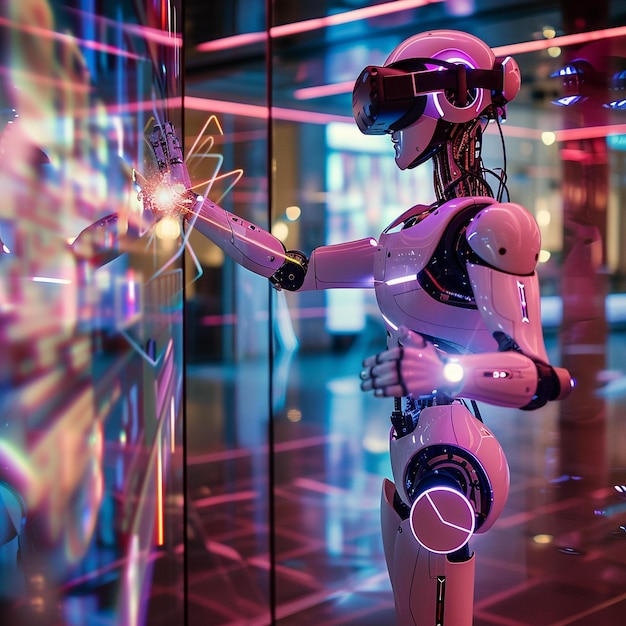 A dynamic composition featuring a humanoid robot in a futuristic cityscape