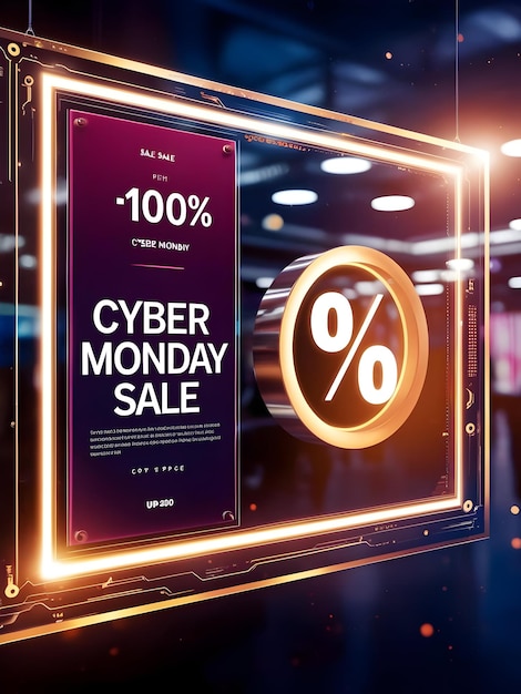 Dynamic Cyber Monday Sale Banner Frame with Glowing Percentage Icon and Copy Space for Discounts I