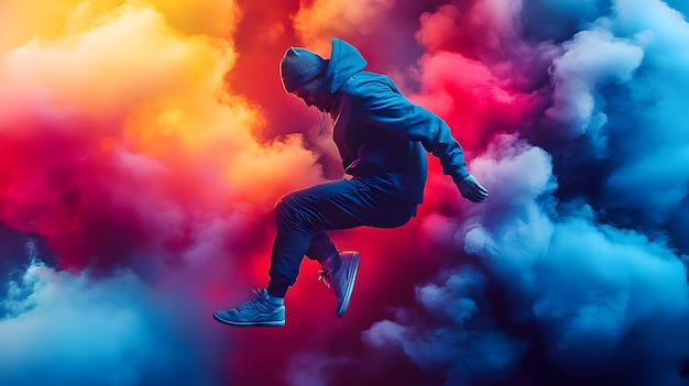 Dynamic Dance Photo Male Dancer Leaping in Colorful Smoke