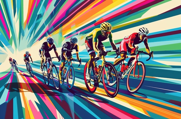 Dynamic depiction of an Olympic velodrome cycling race with striking lines and vibrant colors