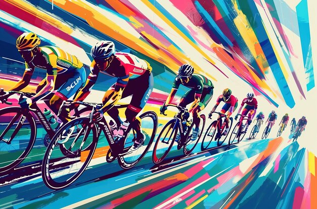 Dynamic depiction of an Olympic velodrome cycling race with striking lines and vibrant colors