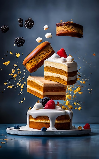 Dynamic dessert photography with layers of dessert frozen in midair with bokeh two cakes