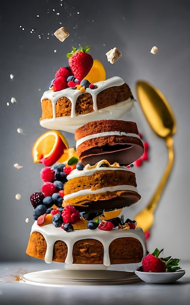 Dynamic dessert photography with layers of dessert frozen in midair with bokeh two cakes