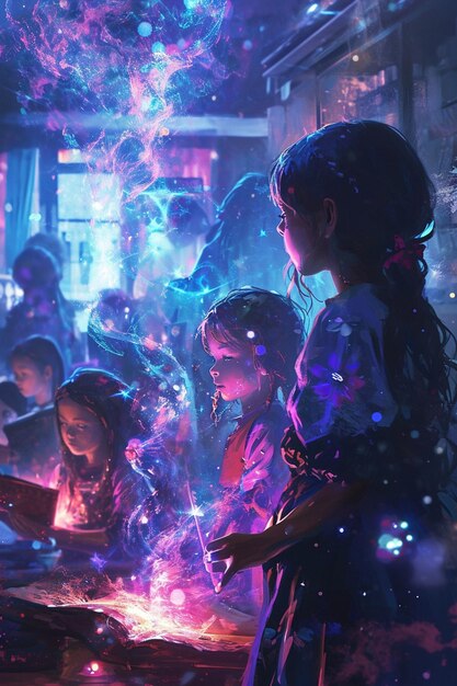 A dynamic digital artwork of young girls in a classroom setting