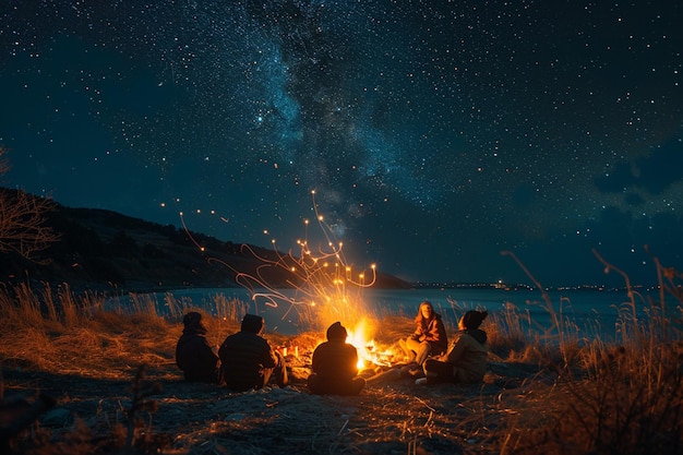 A dynamic digital canvas depicting the exchange of stories around a campfire