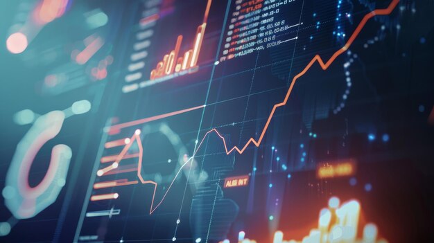 A dynamic digital graph with glowing lines and data points represents financial trends and analytics in a hightech environment