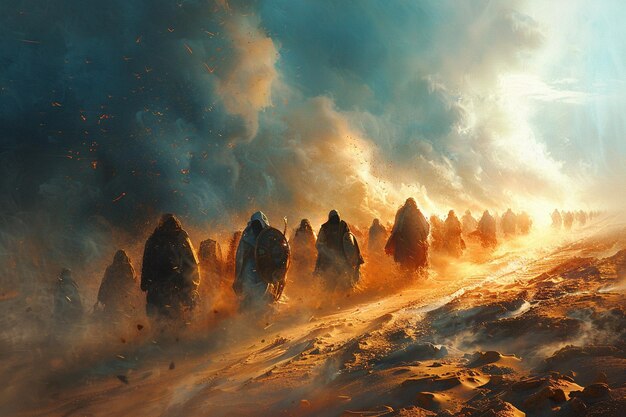 A dynamic digital painting of the Israelites crossing the desert