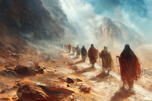 A dynamic digital painting of the Israelites crossing the desert