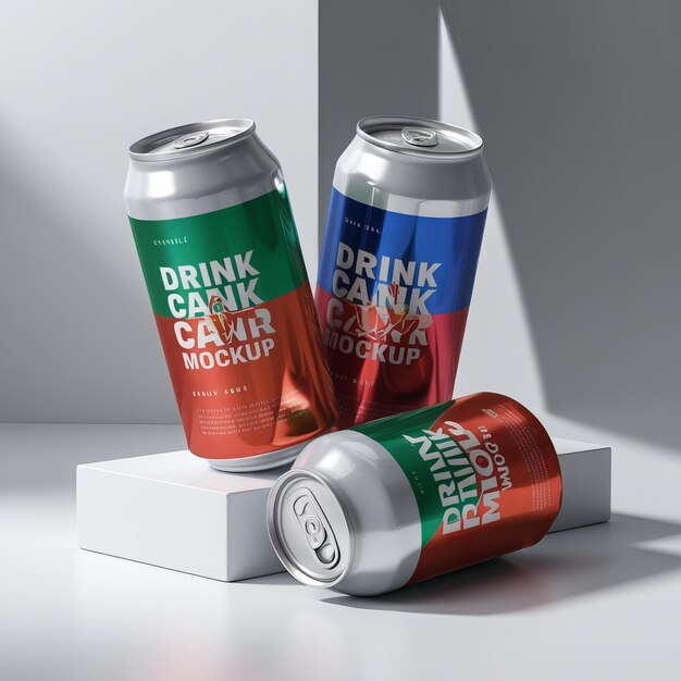 Photo dynamic display of modern drink cans in minimalist lighting