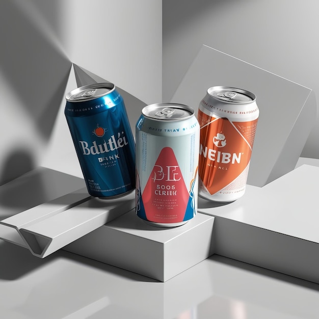 Photo dynamic display of modern drink cans in minimalist lighting