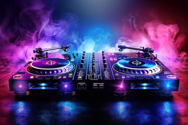 Dynamic DJ Console with Mixing Decks Colorful Neon Lights and Smoke Effects in a High Energy Club E