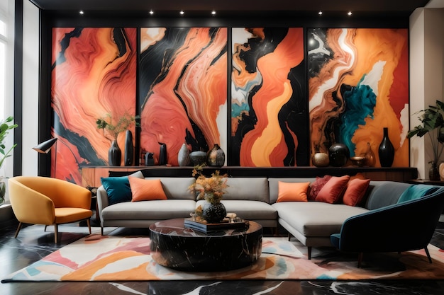 Dynamic and energetic living room with black marble floors and colorful abstract wall paintings