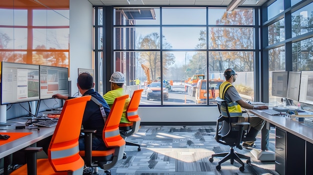 Photo dynamic engineers brainstorming and planning road construction projects in modern office